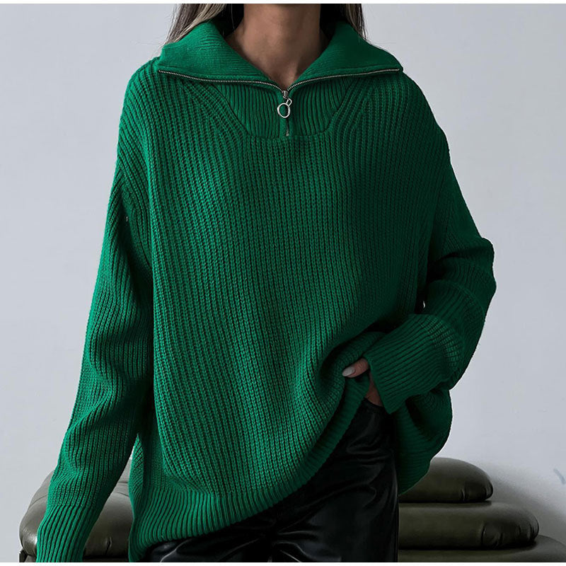 Erika Loose Zipper Lapel Women Pullover