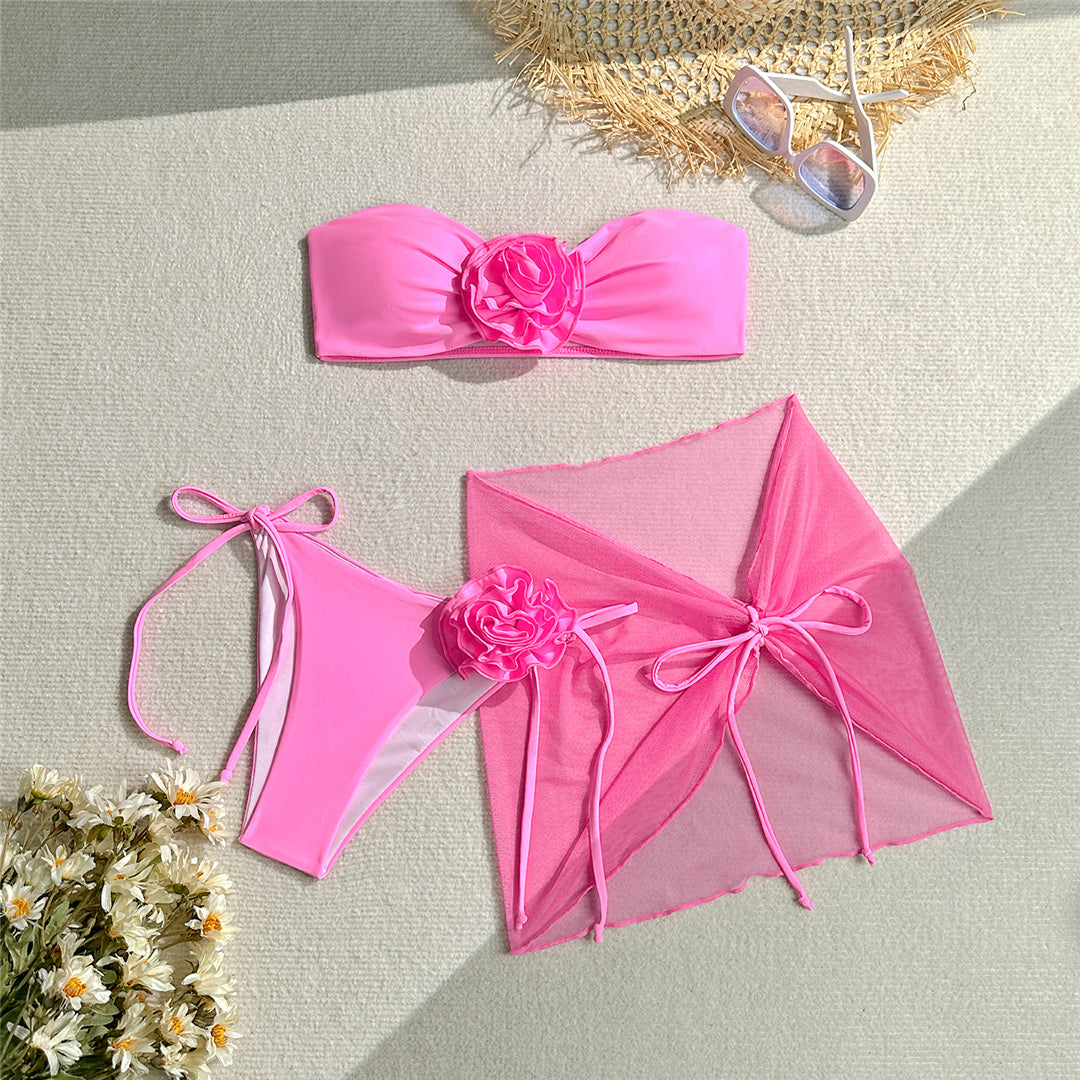 Paris 3D Flowers With Sarong Bandeau Bikini