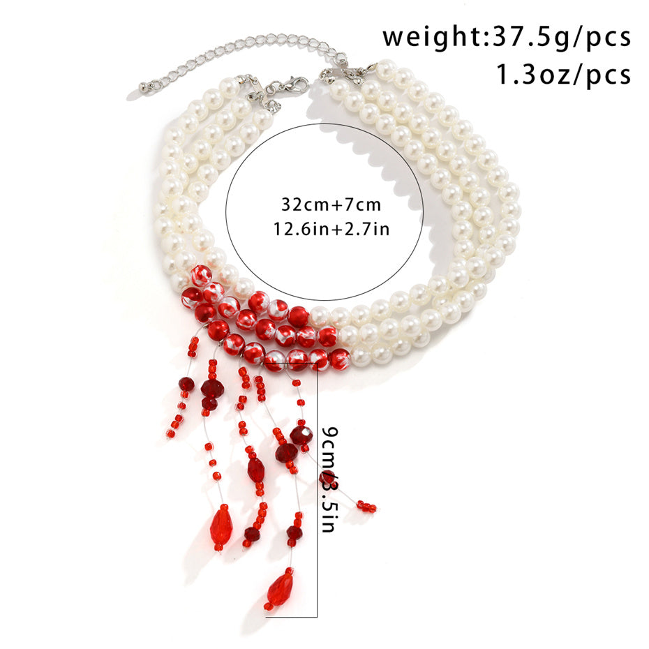 Dorothy Red Blood Pattern Pearl Tassel Pendant Necklace