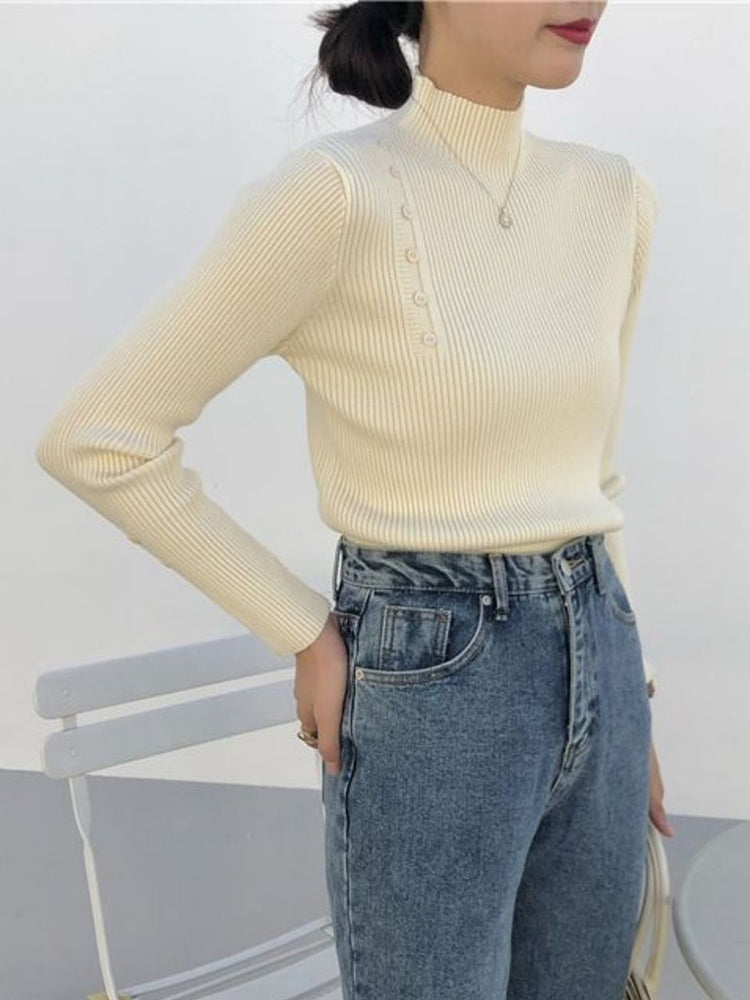 Laurie Long Sleeve Button Turtleneck Woman Sweater