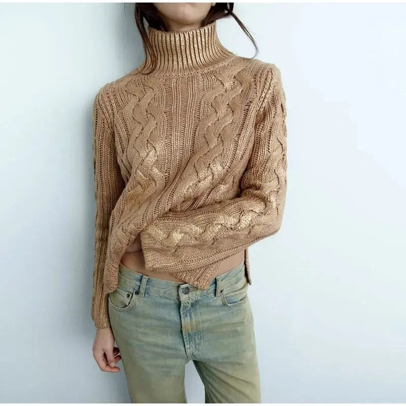 Regina Turtleneck Shiny Gold Ribbed Women Sweater