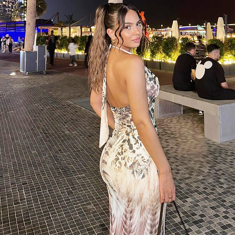 Shannon Backless Print V-neck Lace Up Sexy Maxi Dress