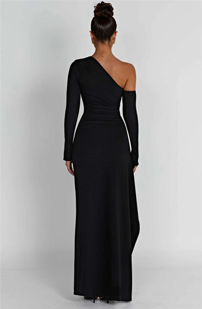 Natalie Oblique Shoulder Thigh High Split Maxi Dress