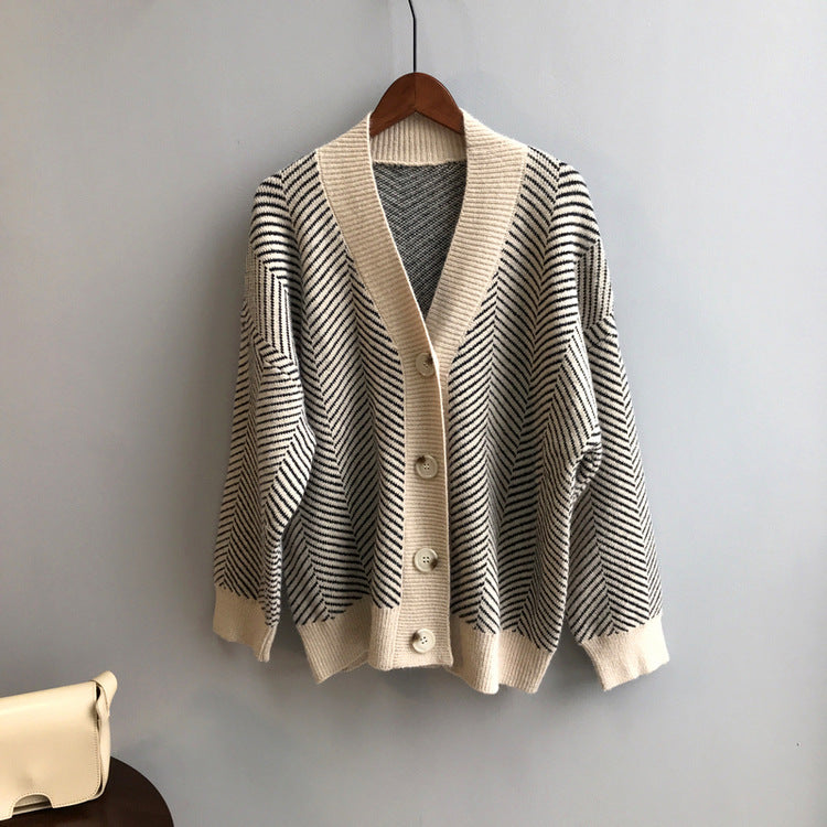 Lillian V-Neck Striped Loose-Fitting Women Cardigan