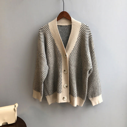 Lillian V-Neck Striped Loose-Fitting Women Cardigan