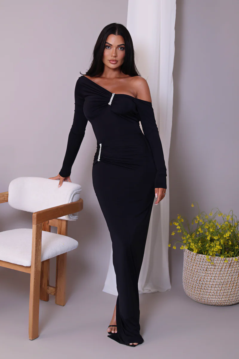 Peggy Diagonal Collar Long Sleeve Sexy Maxi Dress