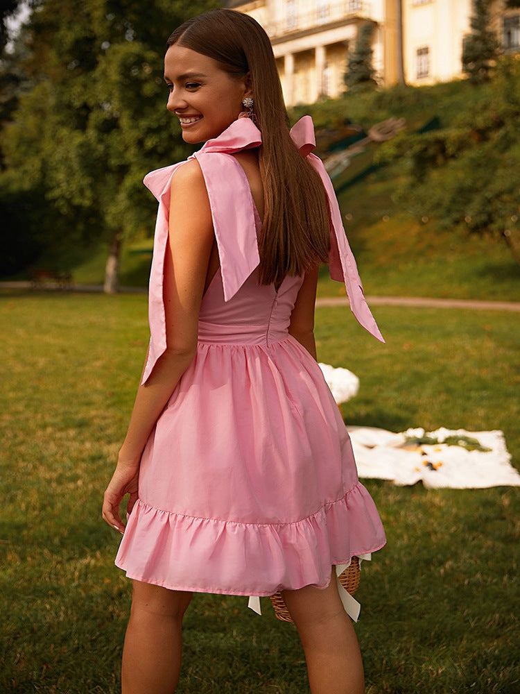 Jenna Pink Deep V Neck Backless Dress