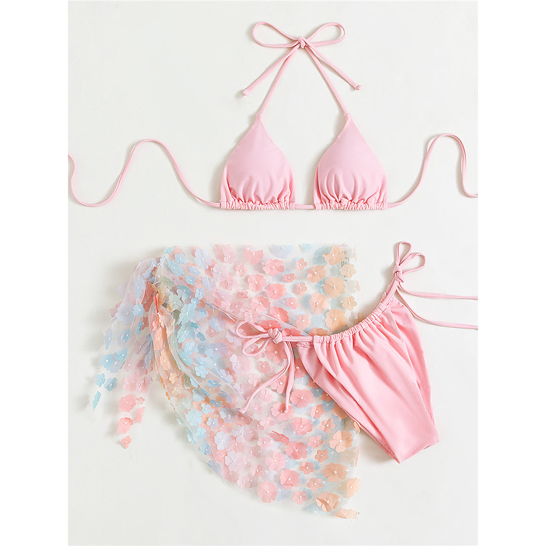 Cindy Sexy With 3D Flower Sarong Halter Bikini