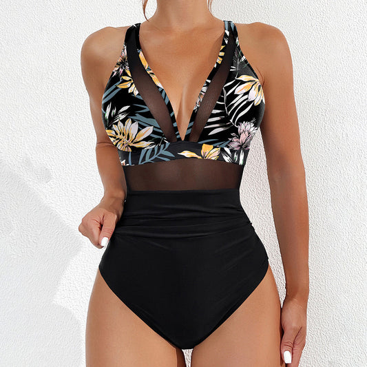 Fiona Mesh Sheer V Neck Leopard Printed Monokini
