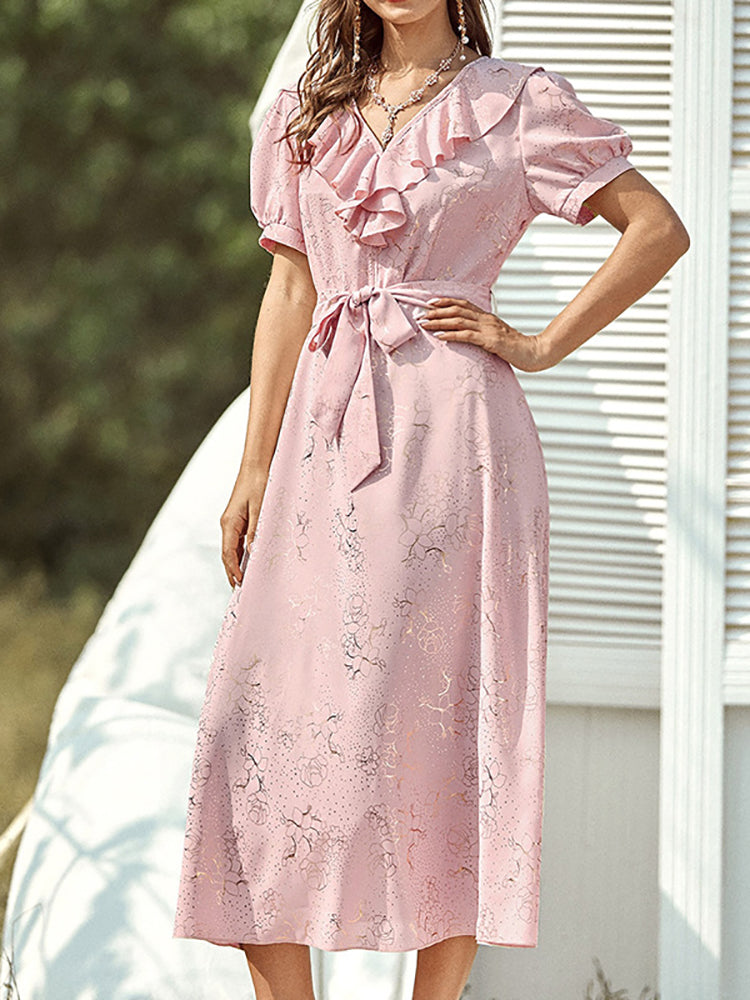 Beverly Casual Pink Ruffle Puff Sleeve Midi Dress