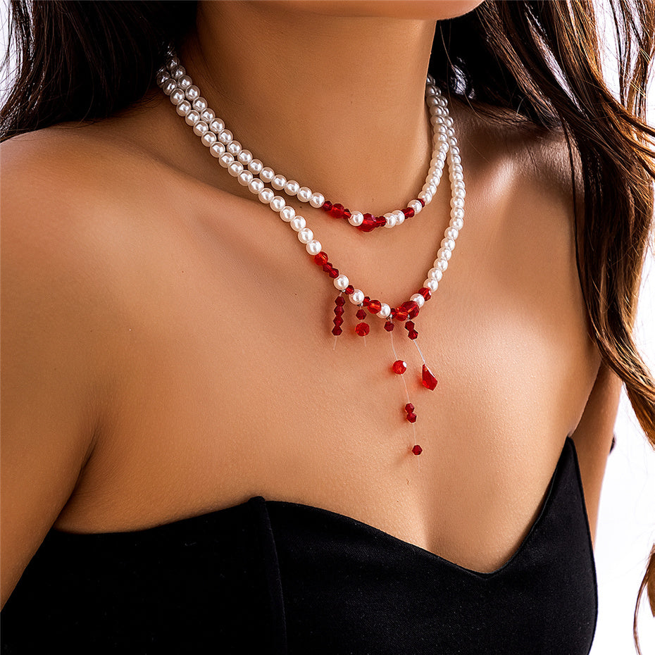 Marilyn Vintage Red Blood Pearl Chain Necklace