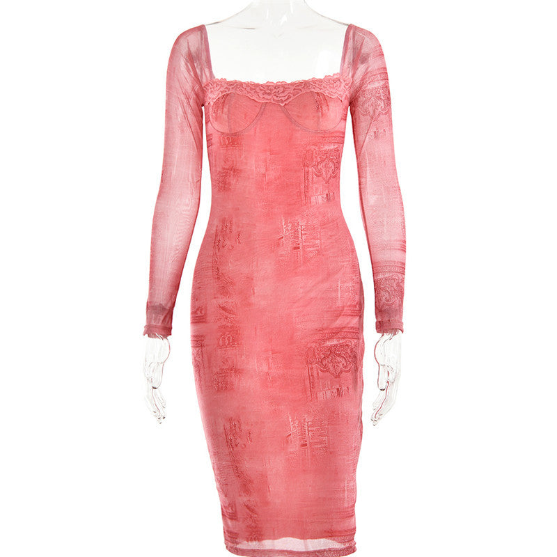 Monica Square Collar Long Sleeve Print Sexy Midi Dress