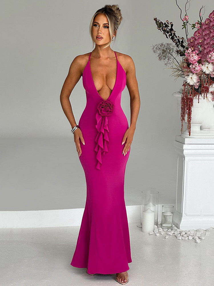 Renee Flower Deep V Neck Sexy Maxi Dress