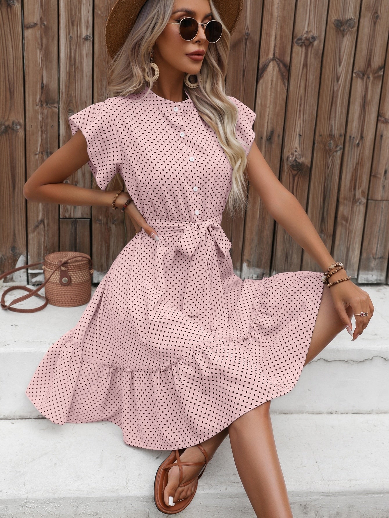 Grace Polka Dot Printed Butterfly Sleeves Dress