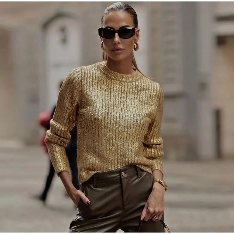 Maria Fashion Gold O Neck Women Sweater