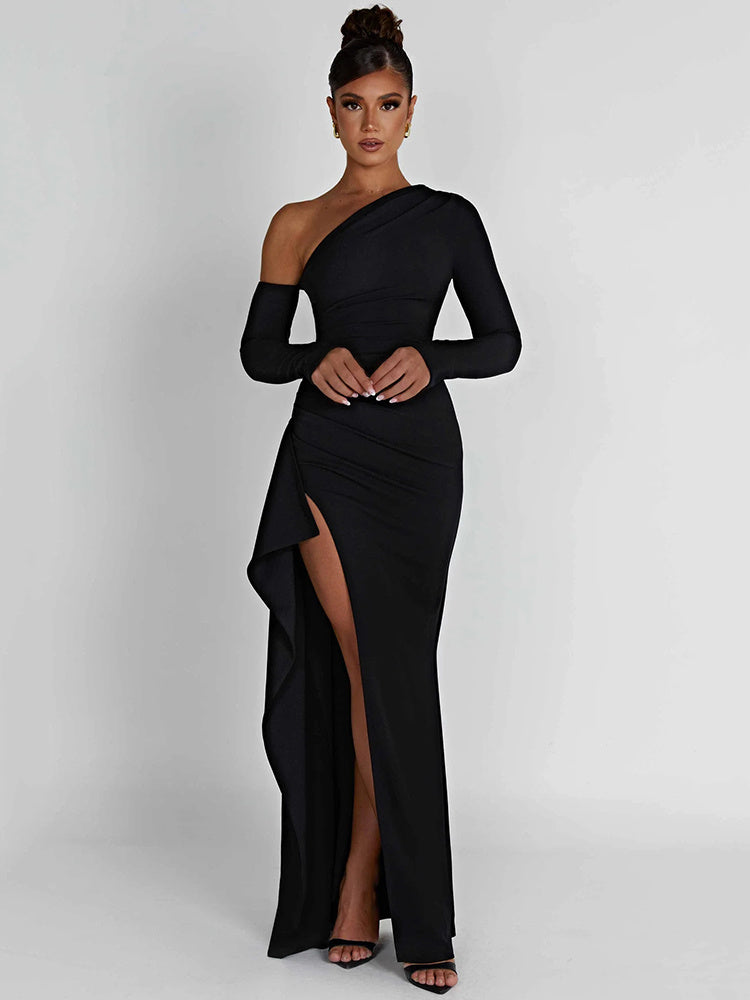 Natalie Oblique Shoulder Thigh High Split Maxi Dress
