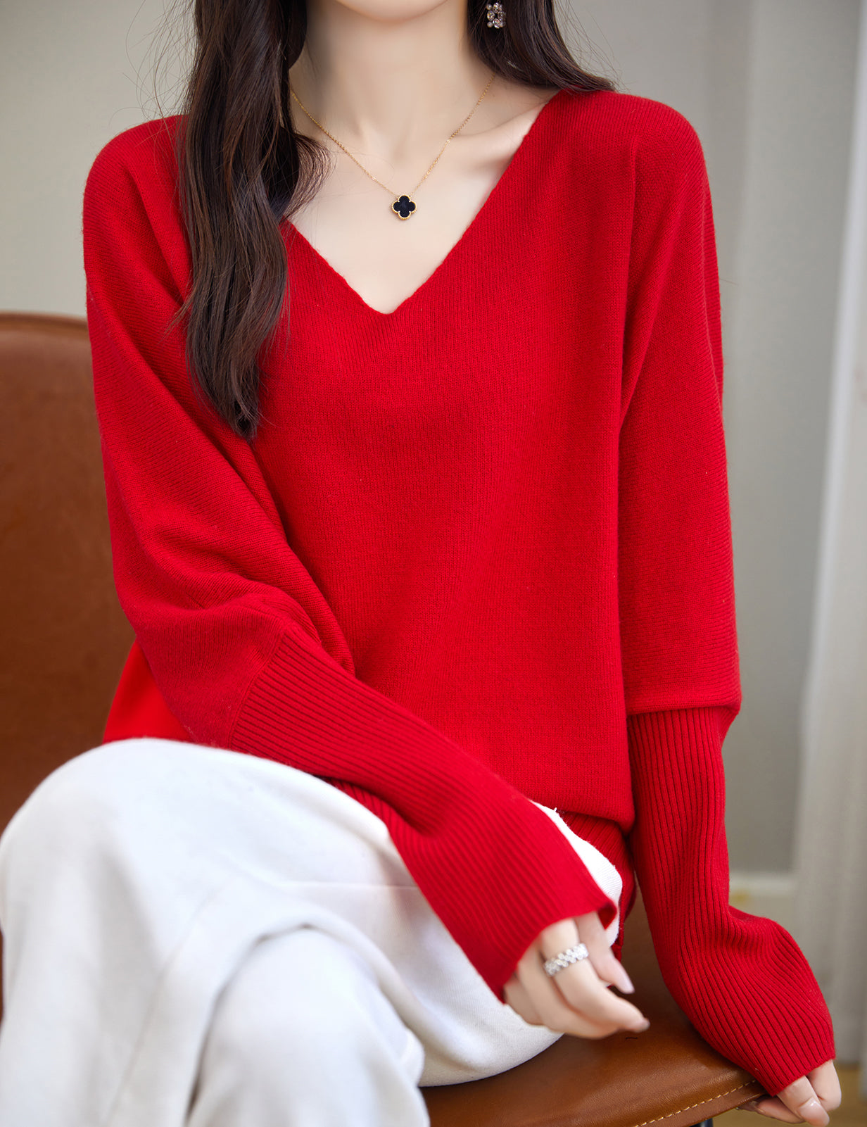 Jade Woman V Neck Long Sleeve Sweater