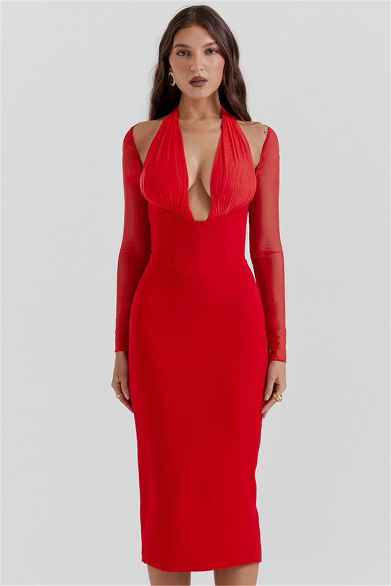 Teresa Halter Deep V Neck Sexy Midi Dress