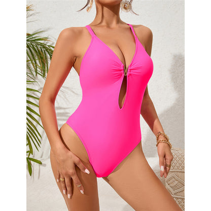Sandy Cut Out Back Cross Metal Ring One Piece Swimsuit