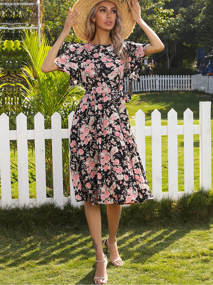 Margaret Floral Ruffle Sleeve Midi Dress