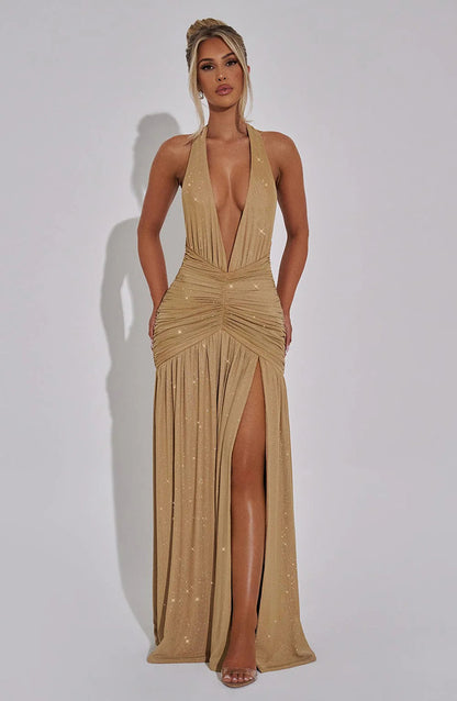 Kathleen Glitter Deep V Neck Sexy Maxi Dress