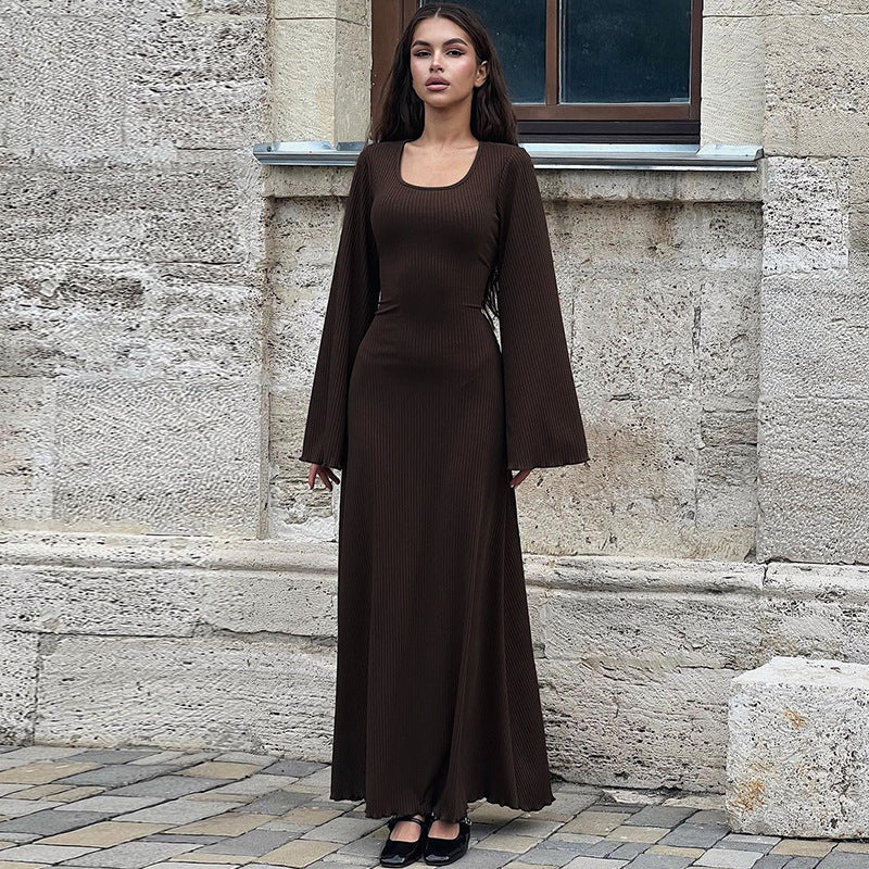 Nikki Ribbed Lace-up Long Sleeve Maxi Dress
