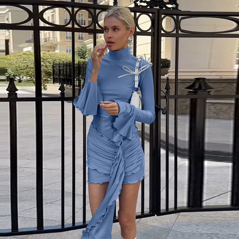 Sue Woman Flare Long Sleeve Draped Sexy Mini Dress