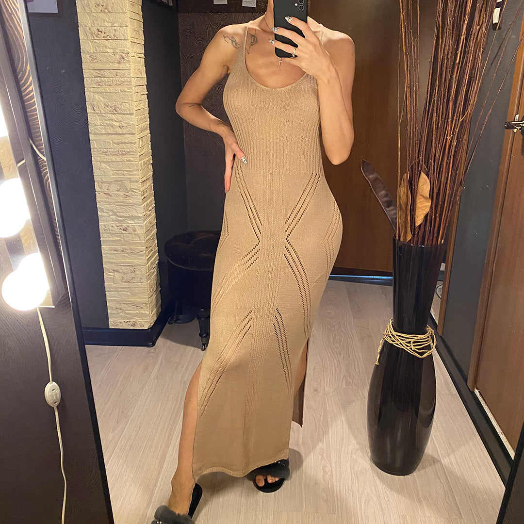 Laurie Maxi V Neck Split Hollow Out Knitted Dress