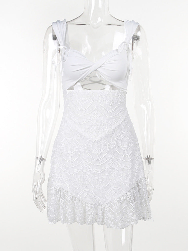 Irene White Embroidered Lace Ruffled Mini Dress