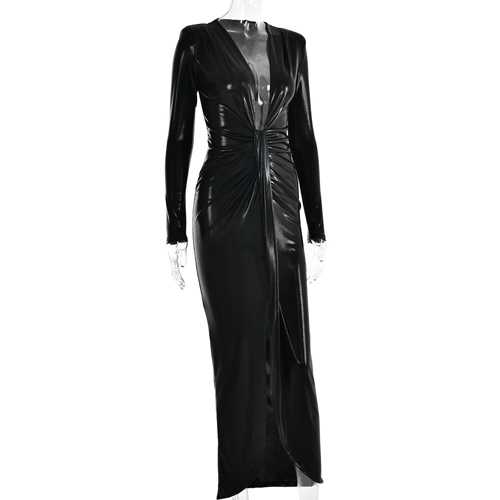 Doris Deep V Neck Long Sleeve Bodycon Maxi Dress