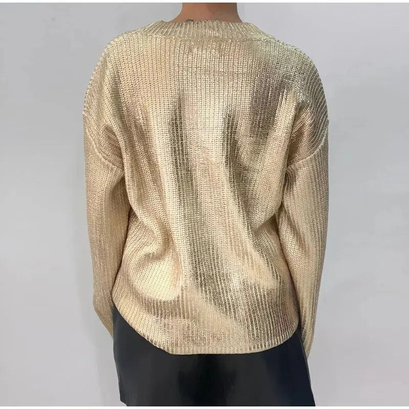 Helen V Neck Shiny Metallic Color Knit Women Sweater