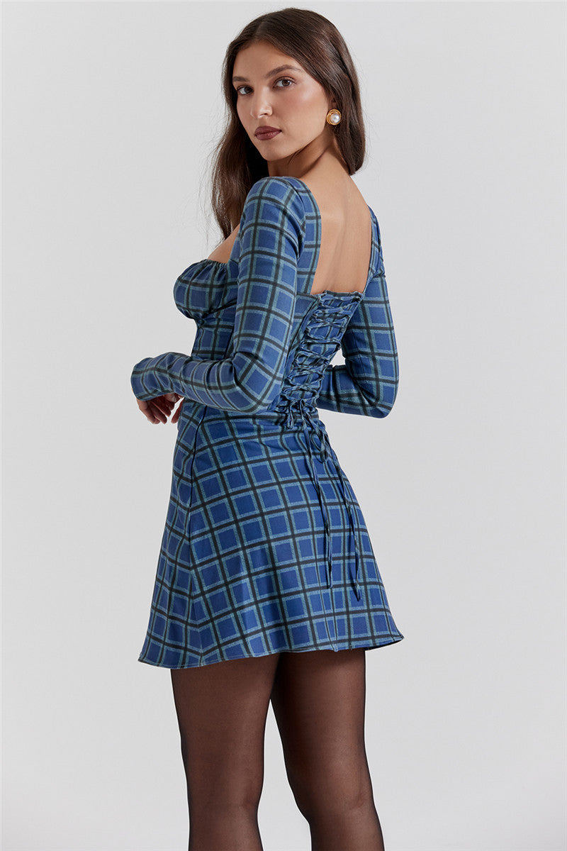 Betty Backless Square Collar Long Sleeve Lace-up Mini Dress