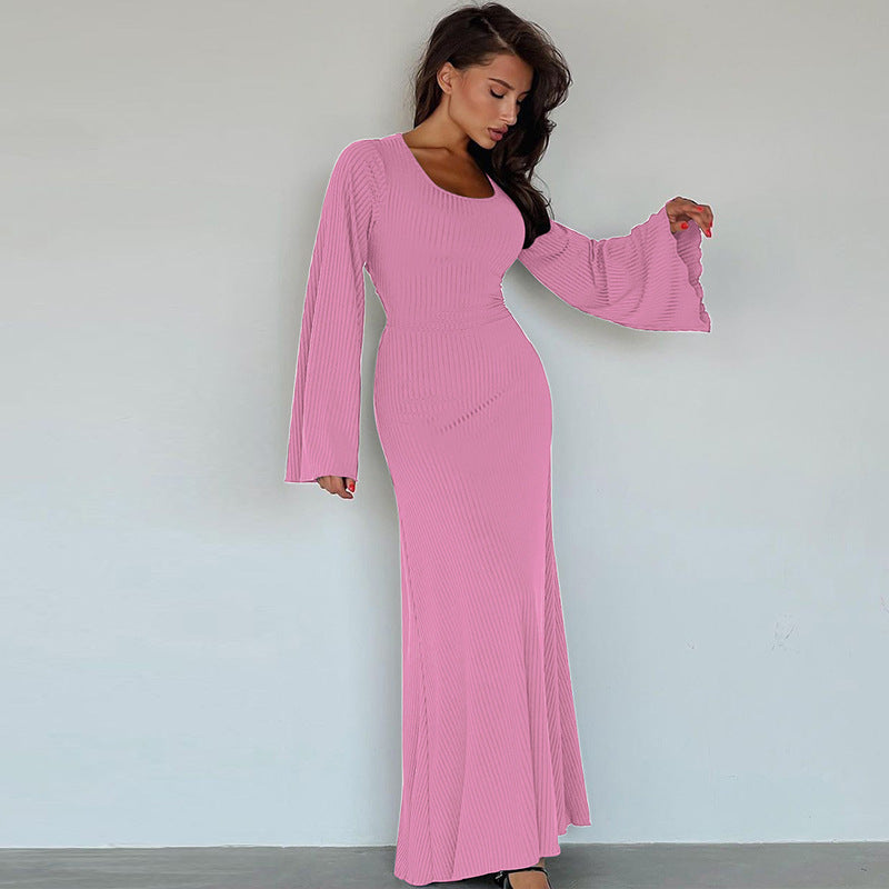 Nikki Ribbed Lace-up Long Sleeve Maxi Dress