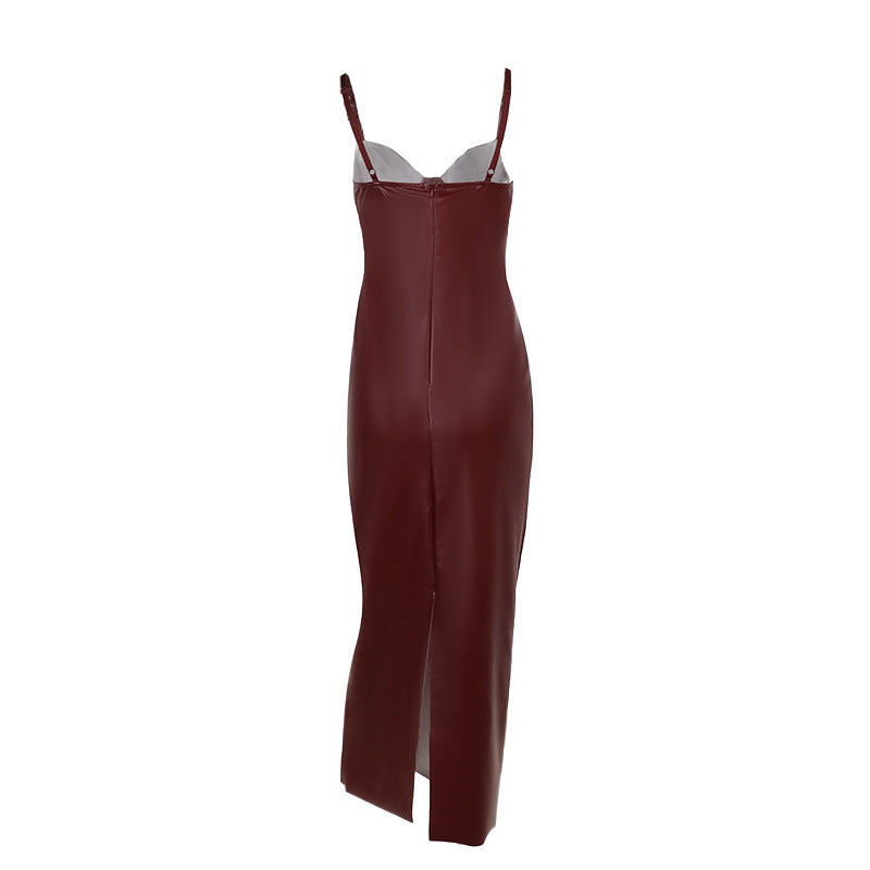 Janet Woman Spaghetti Strap PU Leather Sexy Maxi Dress