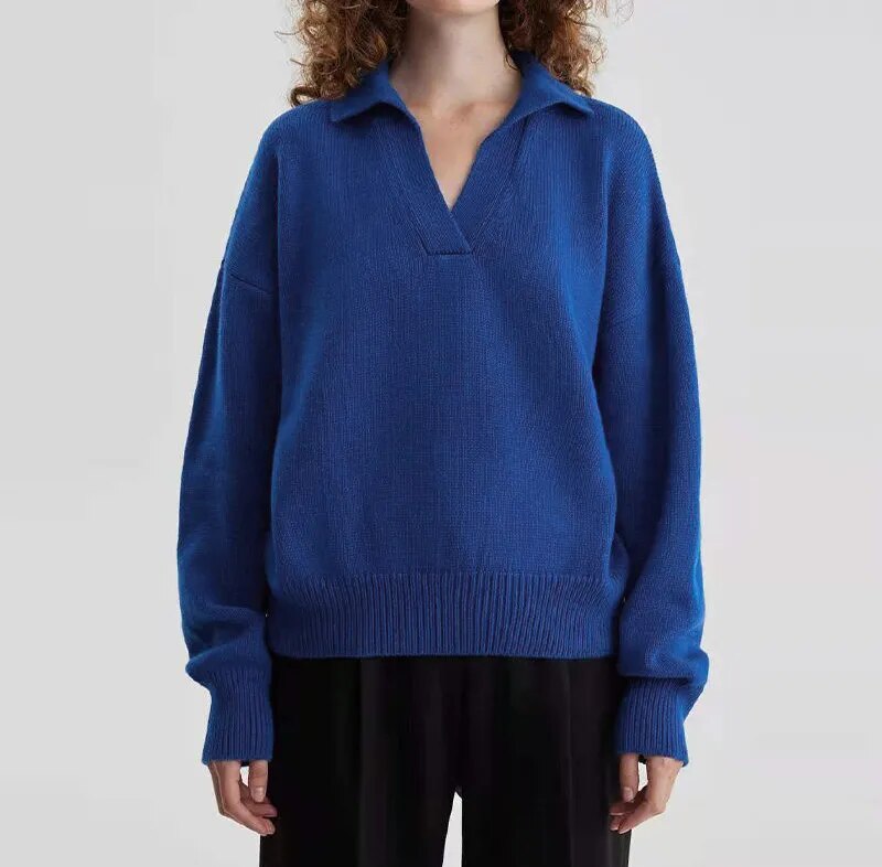 Whitney Solid V-Neck Turn-Down Collar Women Sweater