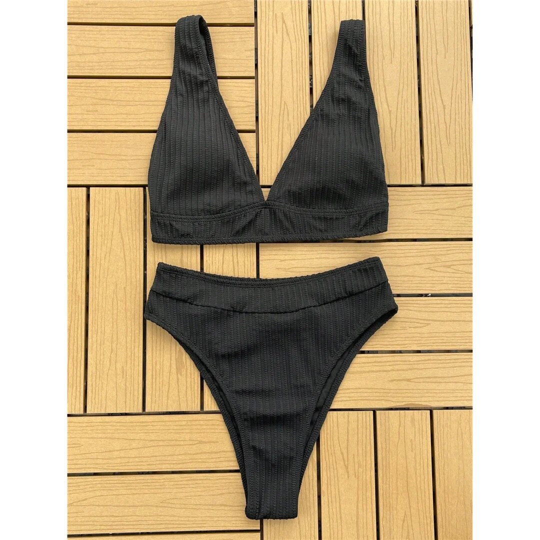 Holly Ribbed V Neck Padded High Waist Bikini