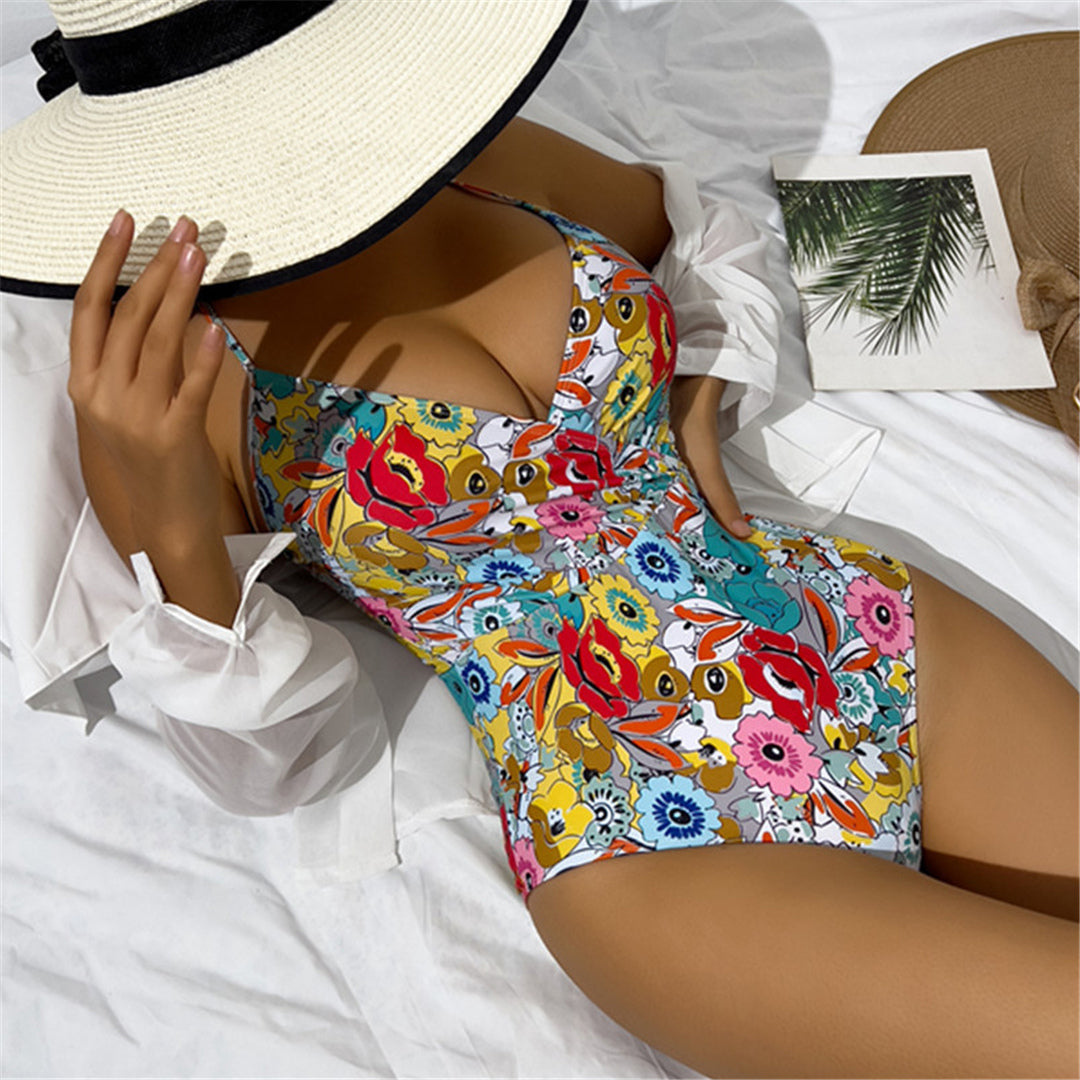 Camille Sexy Floral Printed V Neck One Piece Swimsuit