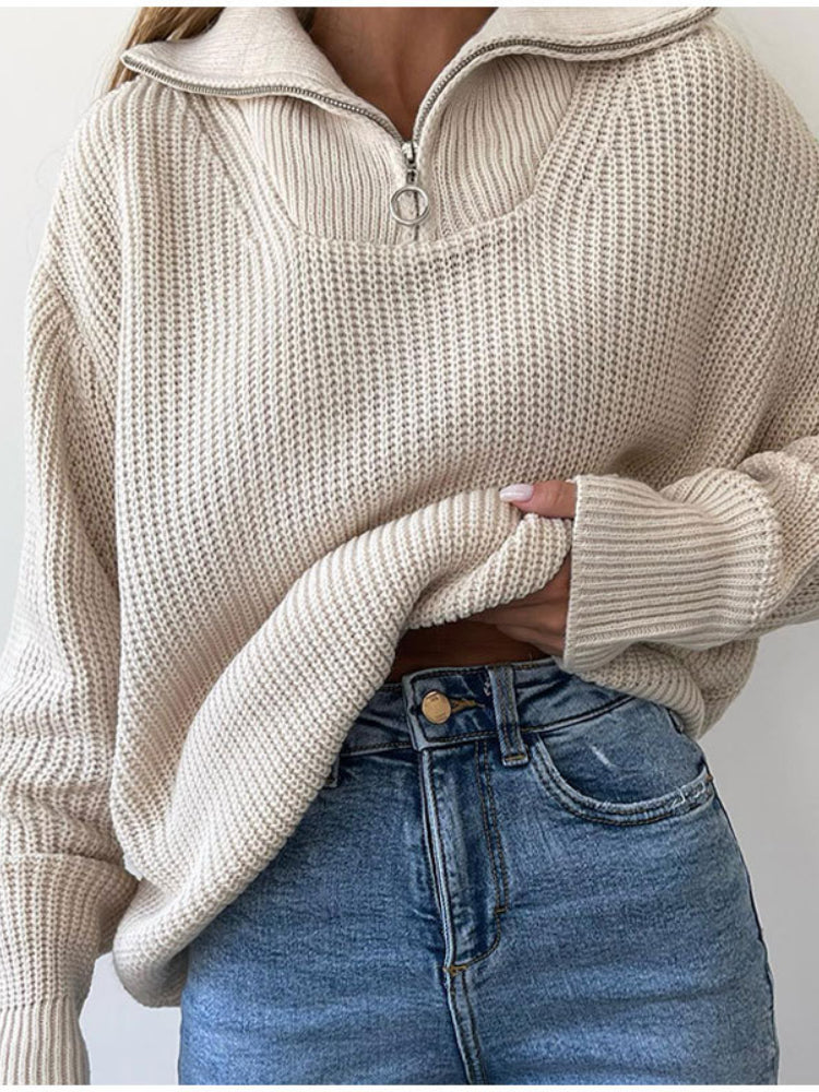 Erika Loose Zipper Lapel Women Pullover