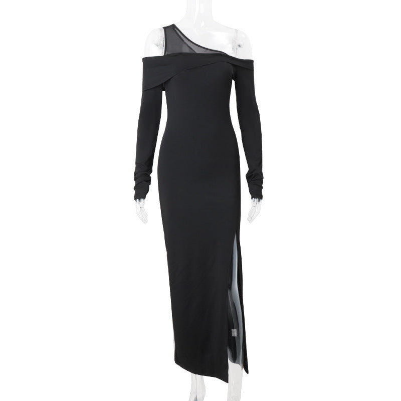 Rebecca Black Oblique Shoulder Split Maxi Dress