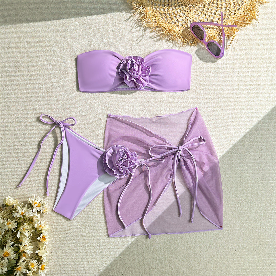 Paris 3D Flowers With Sarong Bandeau Bikini