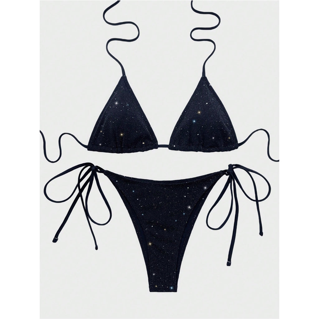Ruby Glitter Sparkling Halter High Leg Cut Bikini