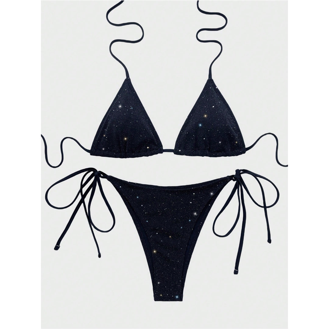 Ruby Glitter Sparkling Halter High Leg Cut Bikini