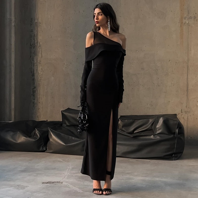 Rebecca Black Oblique Shoulder Split Maxi Dress