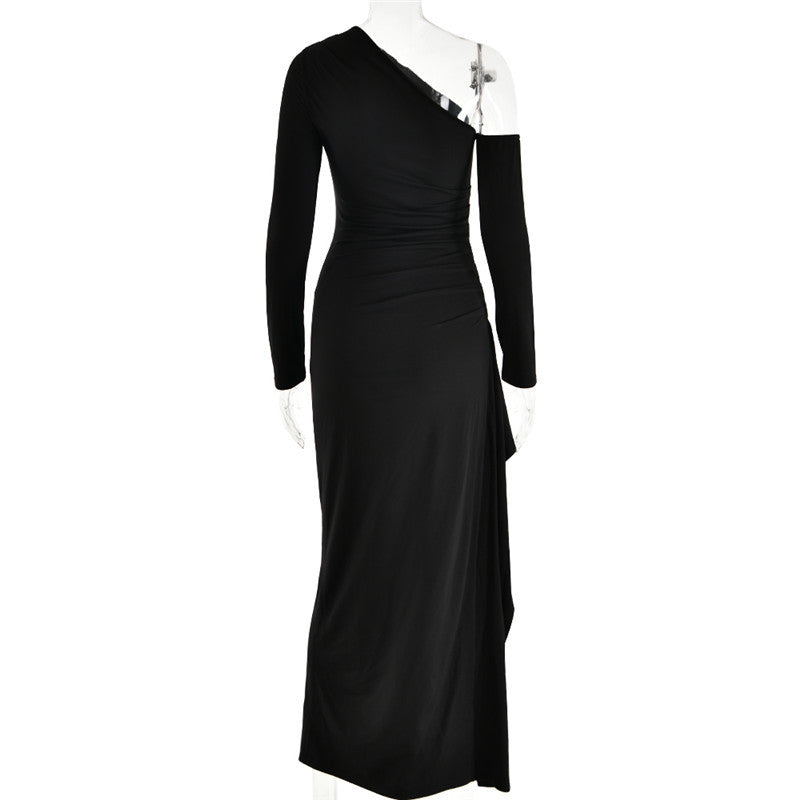 Natalie Oblique Shoulder Thigh High Split Maxi Dress