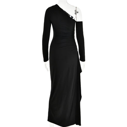 Natalie Oblique Shoulder Thigh High Split Maxi Dress