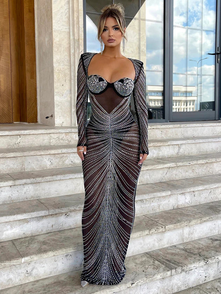 Lydia Glitter Mesh See Through Party Maxi Dress