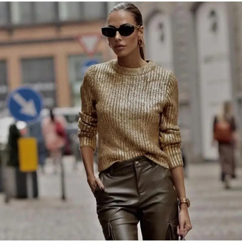 Maria Fashion Gold O Neck Women Sweater
