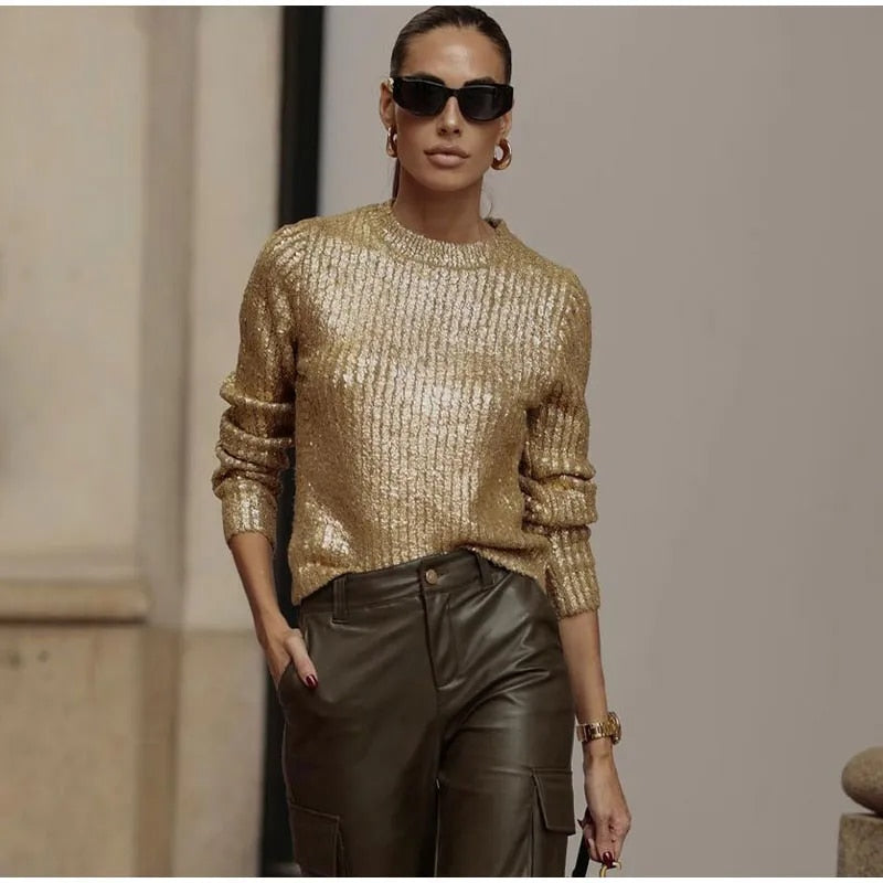 Maria Fashion Gold O Neck Women Sweater