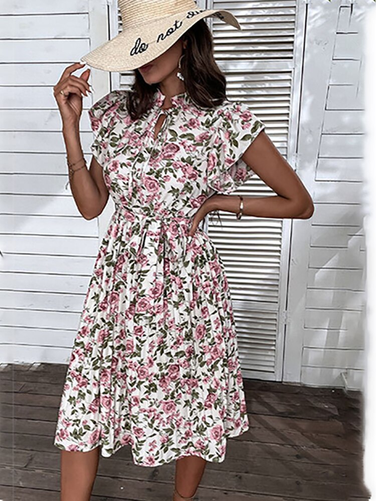 Marilyn Vintage Floral Print Pleated Midi Dress
