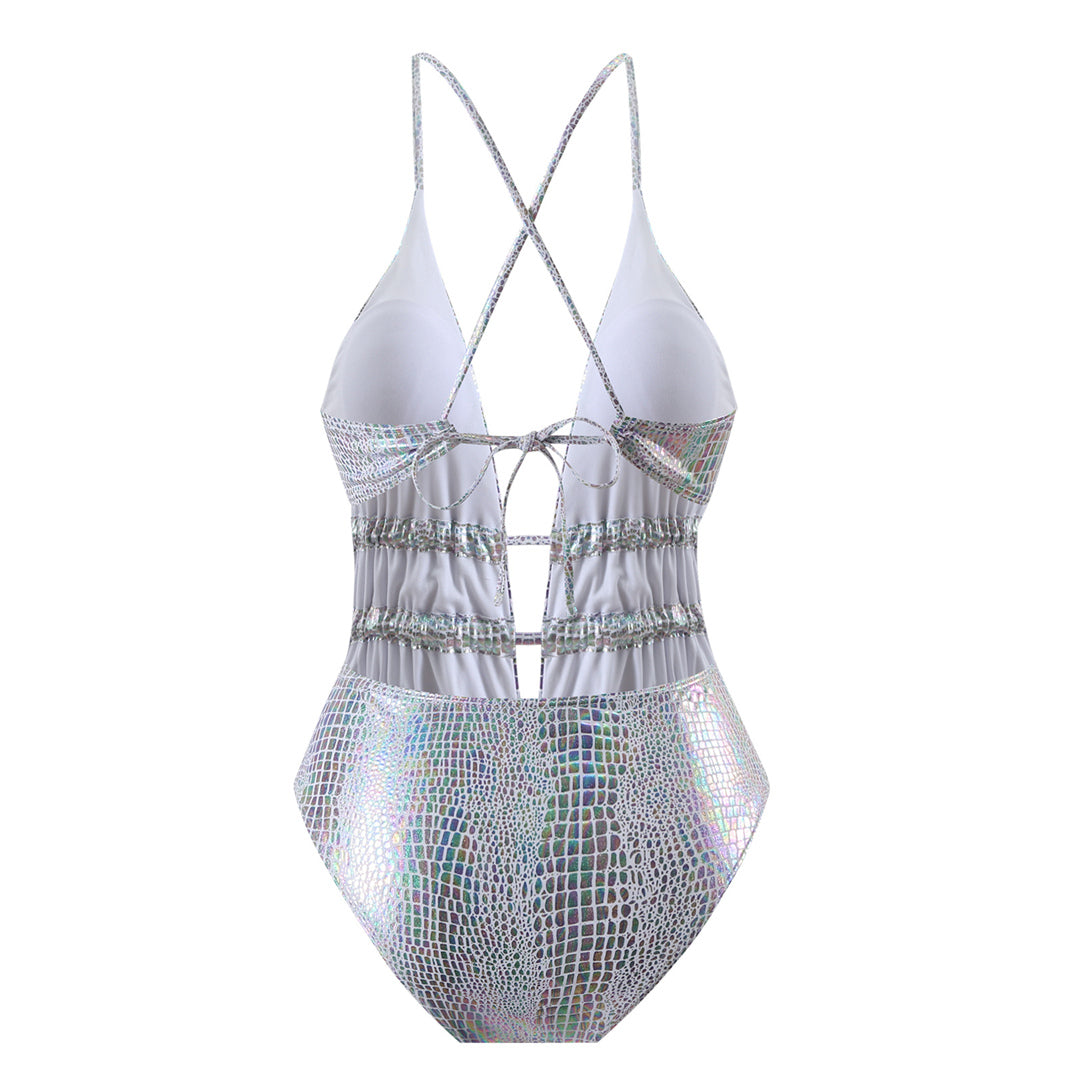 Rebecca Sexy Deep V Neck Snake Skin One Piece Swimsuit